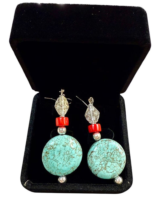 SS LG CREATED TURQ W/CORAL LG DANGLE EARRINGS