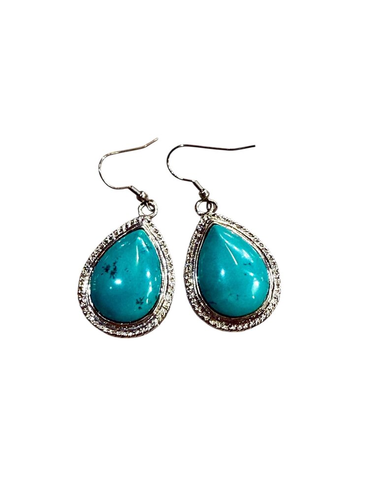 PLATED LG PEAR SHAPE CREATED TURQ DANGLE EARRINGS