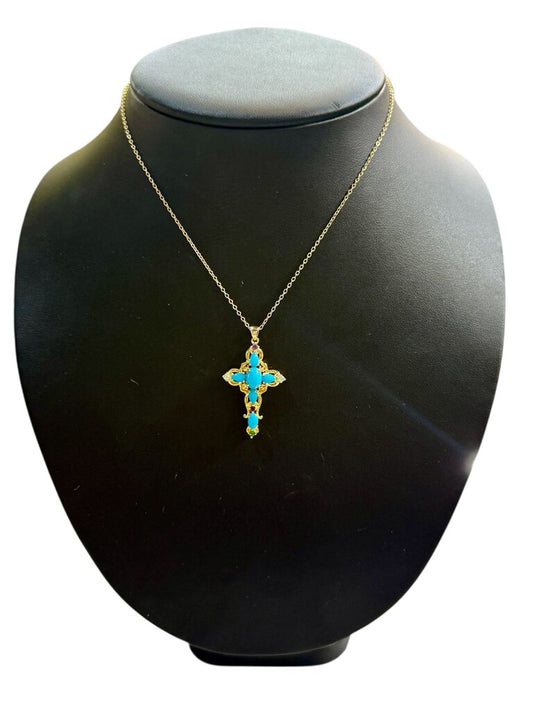 SS/GP TGURQ CROSS W/PERIDOT AQUA AMETHYST STONES ON CHAIN