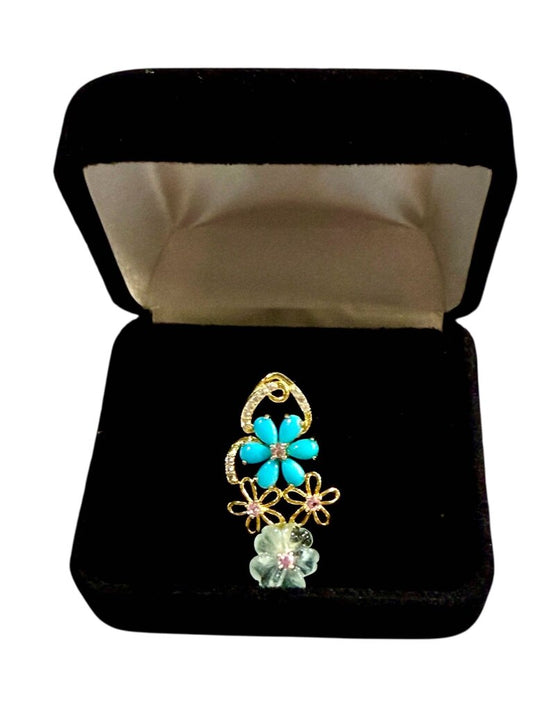SS/GP TURQ PINK STONES FLOWER PENDANT NO CHAIN