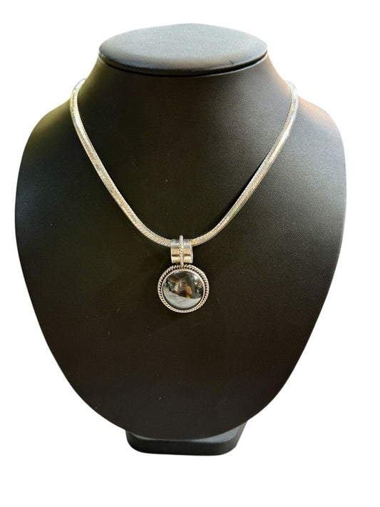 SS LG ROUND HEMATITE BEZEL SET HOPE HALO ON 18" OMEGA CHAIN