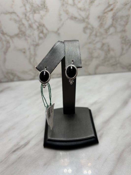 14KT WG OVAL BLK ONYX BEZEL SET DROP EARRINGS