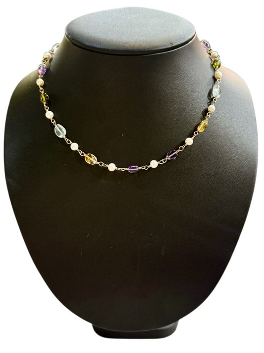 14KT YG BEADED PEARL /AMETHSYT QUARTZ CITRINE PERIDOT AQUA NECKLACE 17"