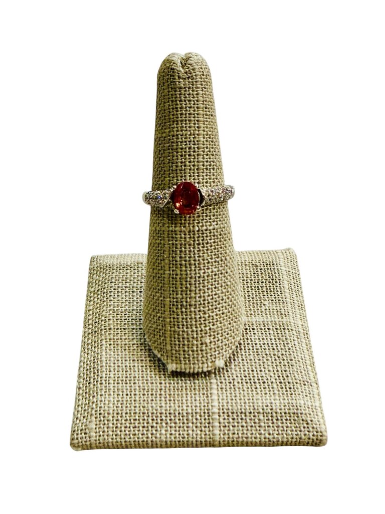 18KT WG .97CT NATURAL ORANGE SAPPHIRE OVAL CTR PAVE DIAMOND RING SZ 6.5