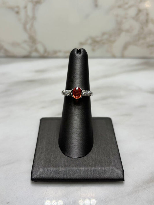 18KT WG .97CT NATURAL ORANGE SAPPHIRE OVAL CTR PAVE DIAMOND RING SZ 6.5