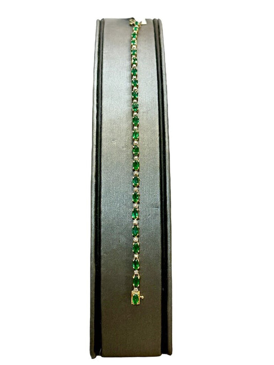 14KT YG NATURAL EMERALD DIA ACCENT TENNIS BRACELET 7 1/2