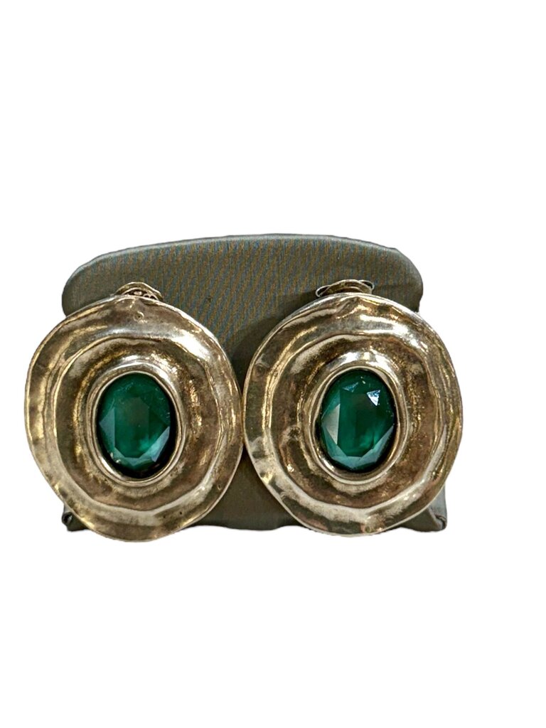 SS LG GREEN STONE W/SOBRERO STYLE HALO STUD EARRINGS