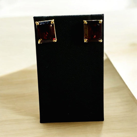 14KT YG LARGE EMERALD CUT GARNET LEVER BACK EARRINGS