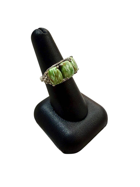 SS UTAH VARASCITE 3 STONE W/ WHITE SAPPHIRE ACCENT STONES RING SZ 7