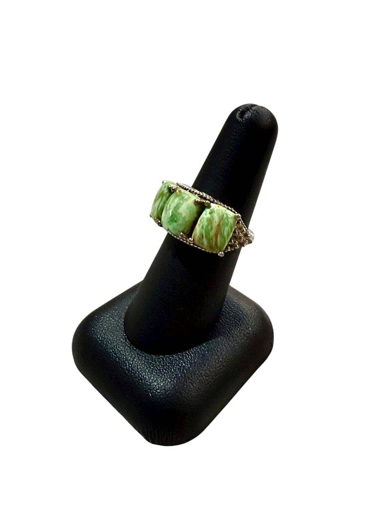 SS UTAH VARASCITE 3 STONE W/ WHITE SAPPHIRE ACCENT STONES RING SZ 7