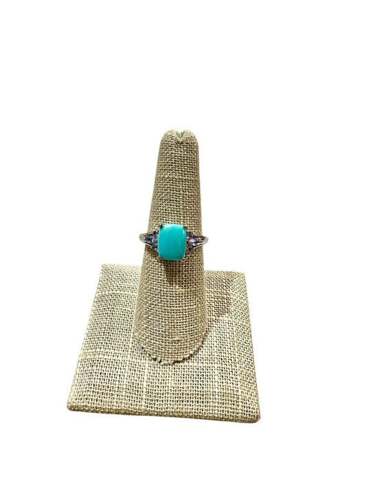 SS TURQ W/6 TANZ SIDE STONE RING SZ 7