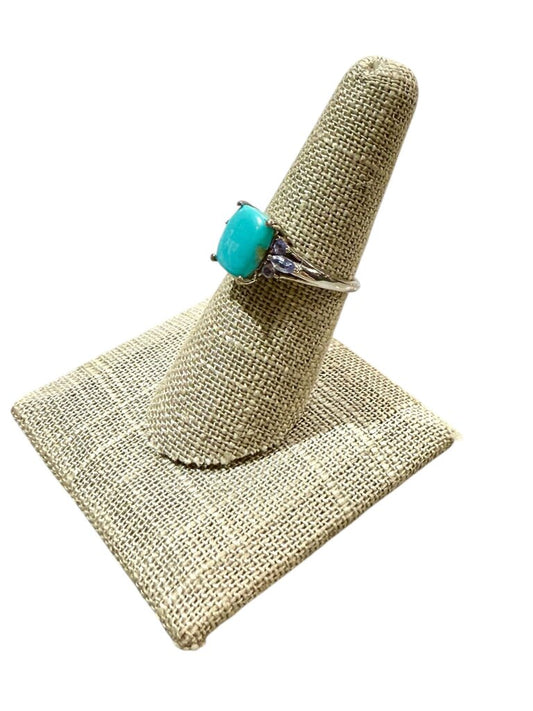 SS TURQ W/6 TANZ SIDE STONE RING SZ 7