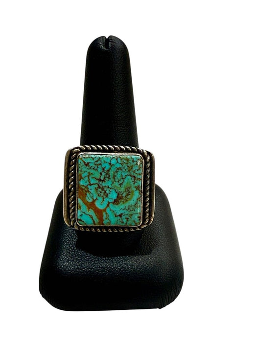 SS LG TURQ SQUARE STONE W/ ROPE HALO SZ 11