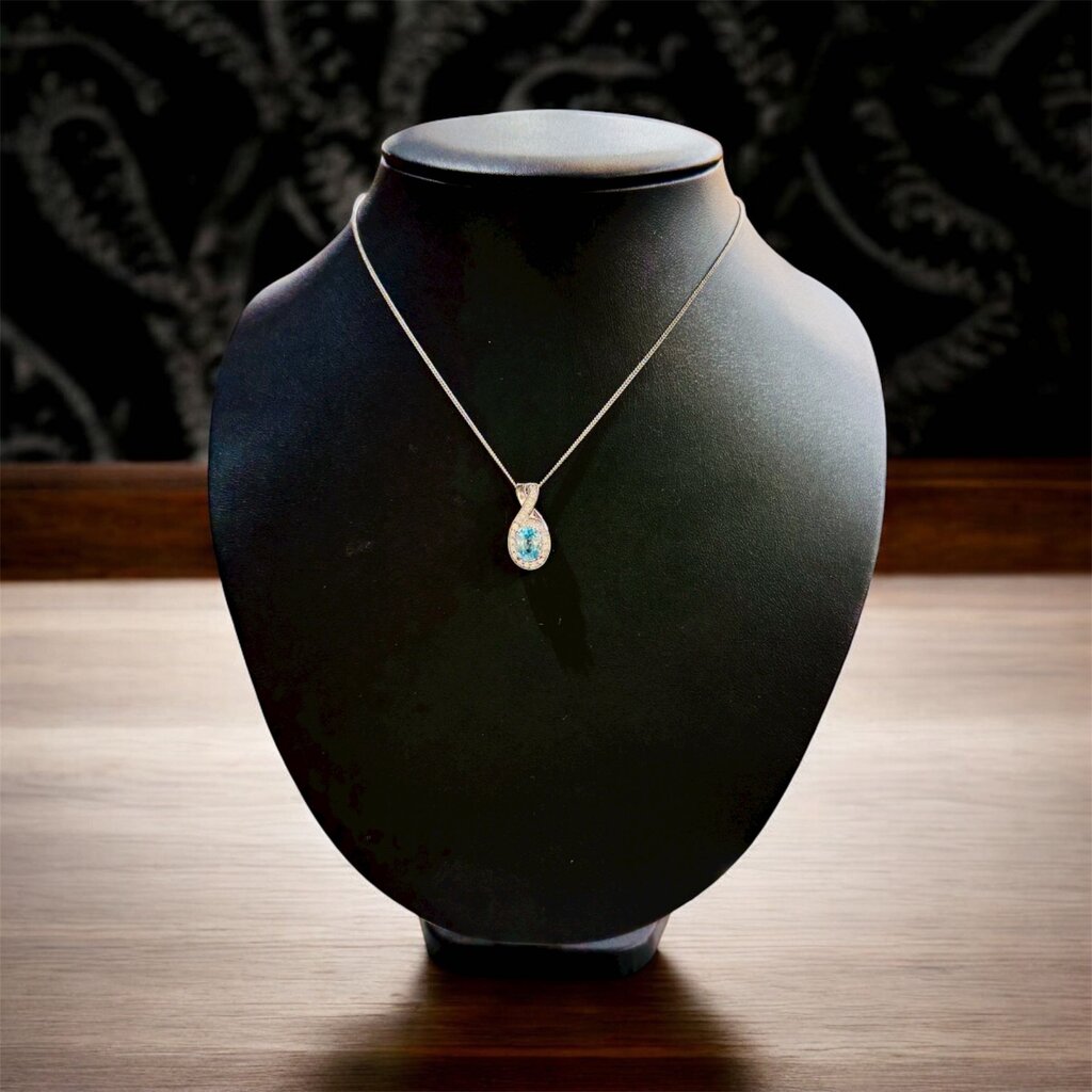 SS BLUE TOPAZ PENDANT W/CZ ON CHAIN