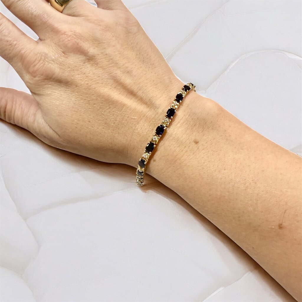 14KT YG OVAL NATURAL SAPHIRE &DIAMOND TENNIS BRACELET DOUBLE LOCKS