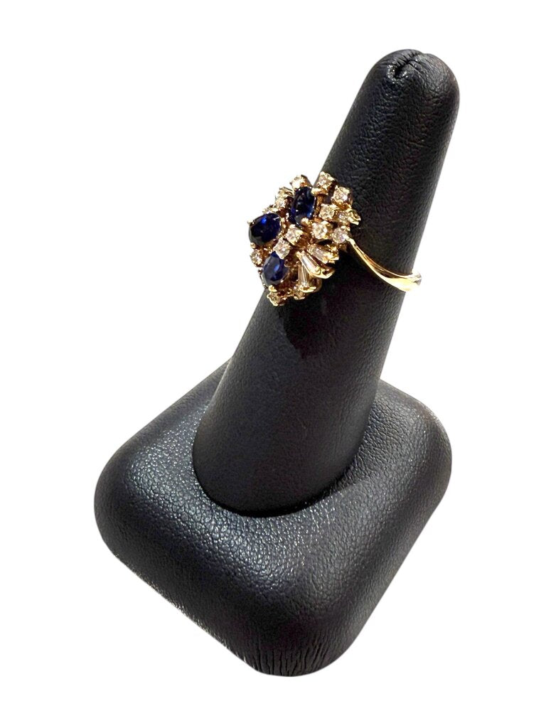 14KT YG 3 OVAL SAPPHIRE STONES W/ BAG & RB CLUSTER RING SZ 6.5