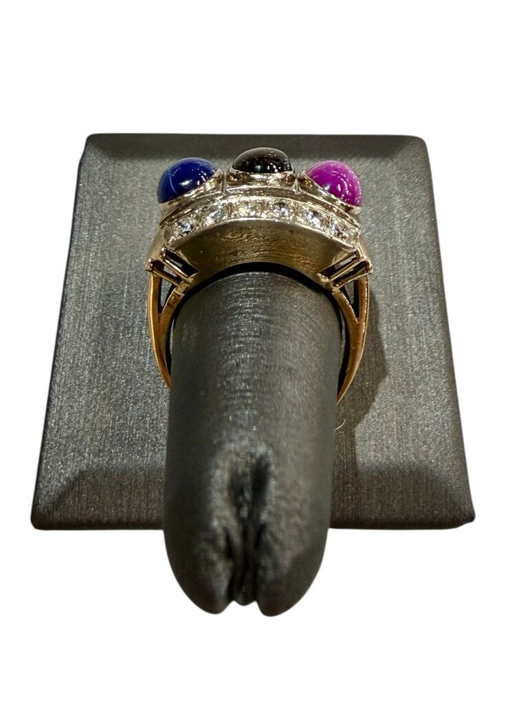 14KT YG MENS STAR SAPPHIRE RED, BLUE , BLK 1 3/8TW DIAMOND RING SZ 11