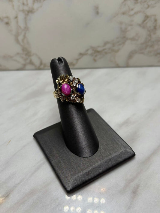 14KT YG NUGGET STYLE RED AND BLUE STAR SAPPHIRE DIAMOND ACCENT RING SZ 5