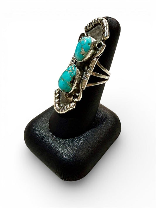 SS 2 STONE OBLONG TURQ RING SZ 6.5