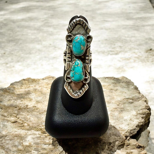 SS 2 STONE OBLONG TURQ RING SZ 6.5