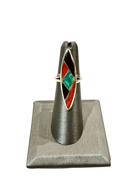 SS TURQ ONYX CORAL INLAY MARQ SHAPE RING SZ 5