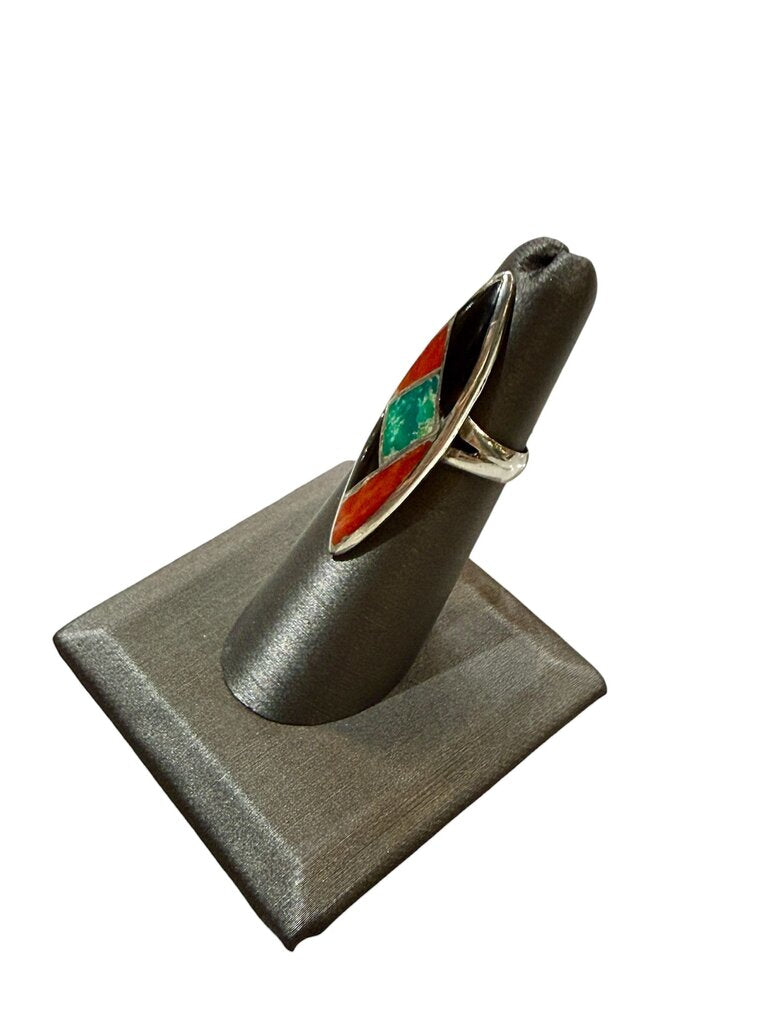 SS TURQ ONYX CORAL INLAY MARQ SHAPE RING SZ 5