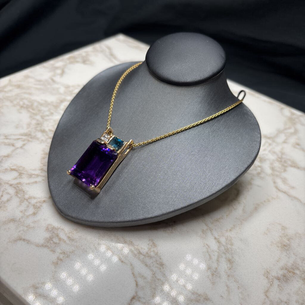 14KT YG LG EMERALD CUT AMETHYST W/BLUE TOPAZ & WHITE SAPPHIRE PENDANT ON 18" WHEAT LINK CHAIN
