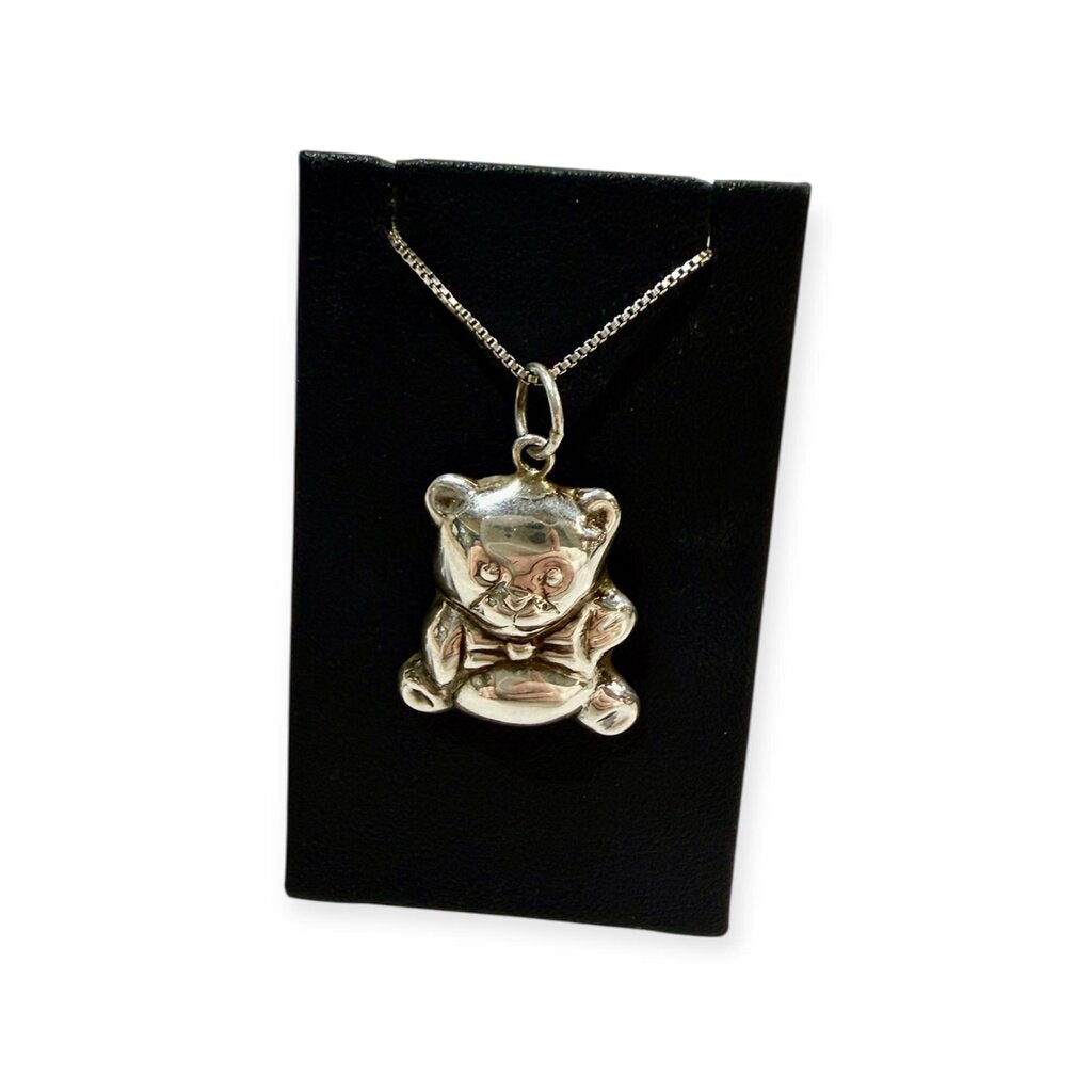 SS HOLLOW TEDDY BEAR PENDANT & EARRING SET ON CHAIN