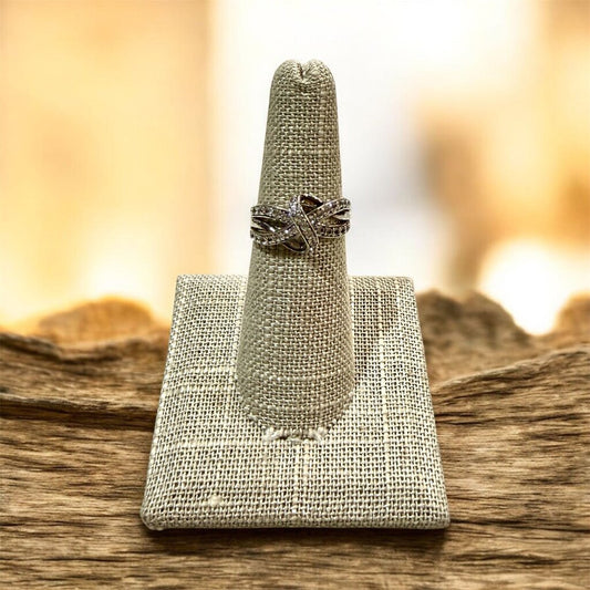 SS KNOT BYPASS STYLE RING W/WHTIE SAPHPIRE STONES SZ 6.5