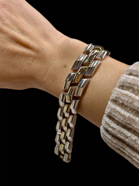 SS WIDE LINK TUTONE PLATE TENNIS BRACELET