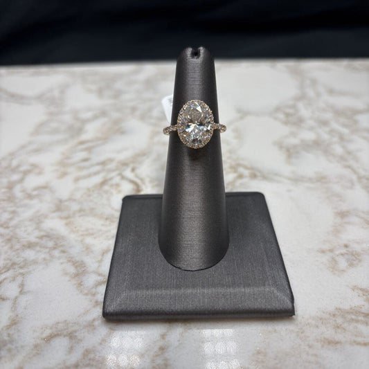 14KT YG 3.01CT LG OVAL VVS2 F HALO STYLE RING SZ 5.5