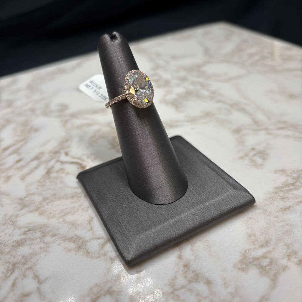 14KT YG 3.01CT LG OVAL VVS2 F HALO STYLE RING SZ 5.5