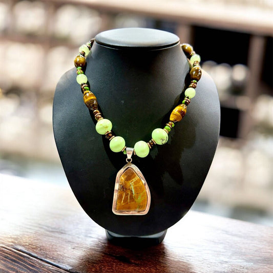 SS/COPPER RAW TURQ BROWN PENDANT ON TIGERS EYE GREEN APPLE TURQ