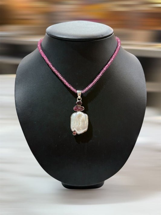 SS PINK SAPPHIRE NECKLACE W BAROCUE PEARL TOURMALINE,STONES