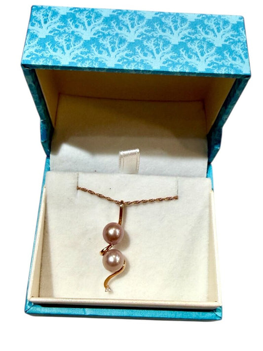 14KT RG DOUBLE PEARL PENDANT ON 18" RG CHAIN