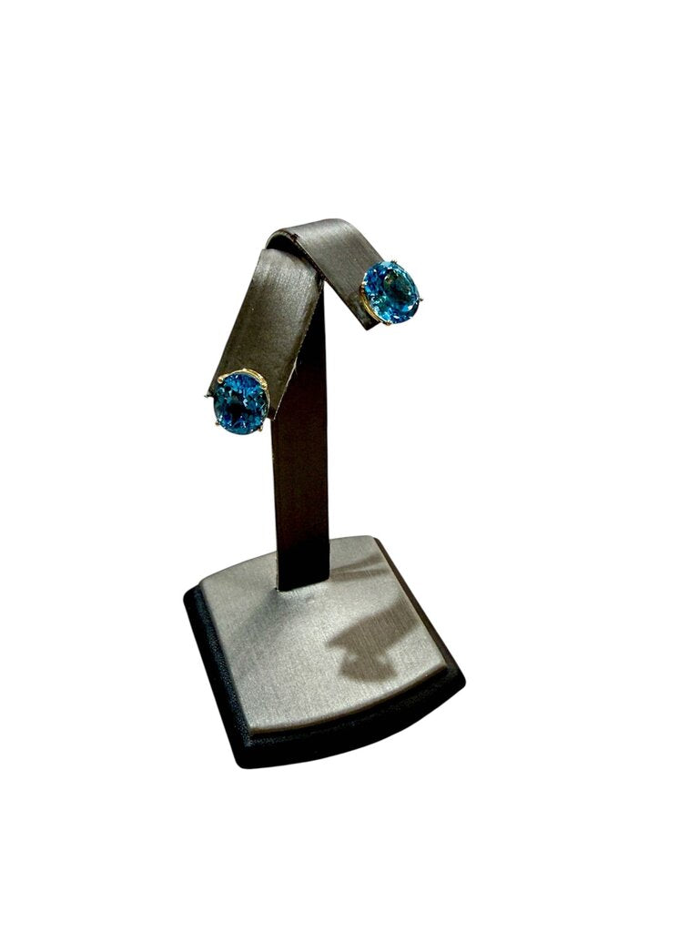 14KT YG LARGE OVAL BLUE TOPAZ STUD EARRINGS