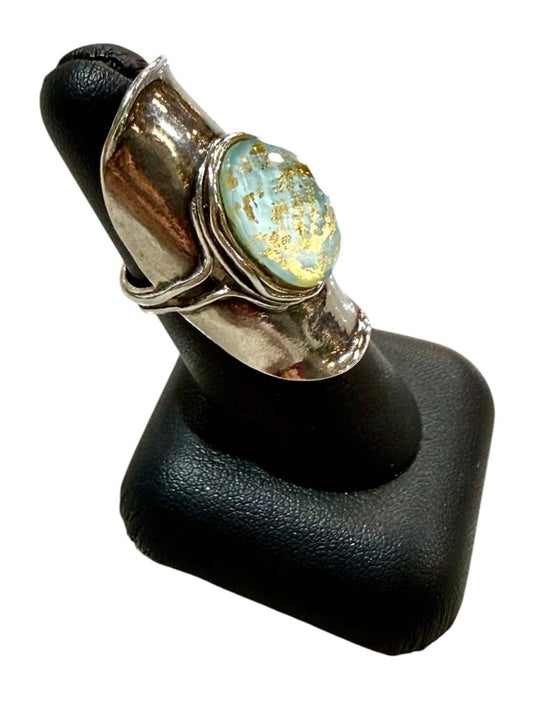 SS TURQ W/GOLD FLECKS BEZEL SET WIDE BAND SZ 7