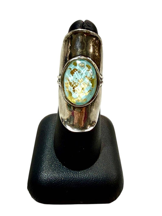 SS TURQ W/GOLD FLECKS BEZEL SET WIDE BAND SZ 7