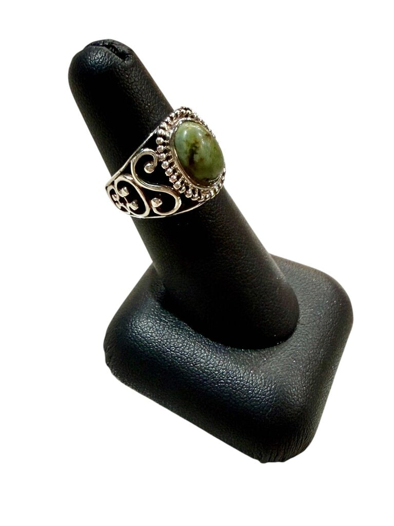 SS GREEN TURQ BEZEL SET W/SCROLLING ON BAND SZ 6