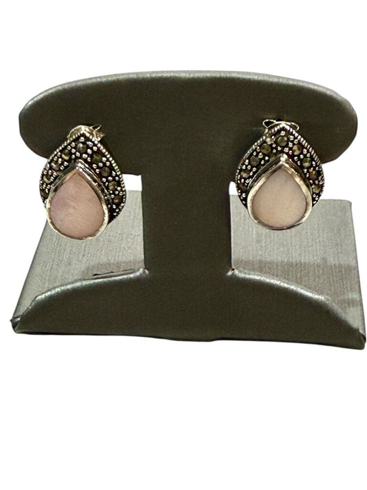 SS MOP BEZEL SET W/MARCASITE STUD EARRINGS