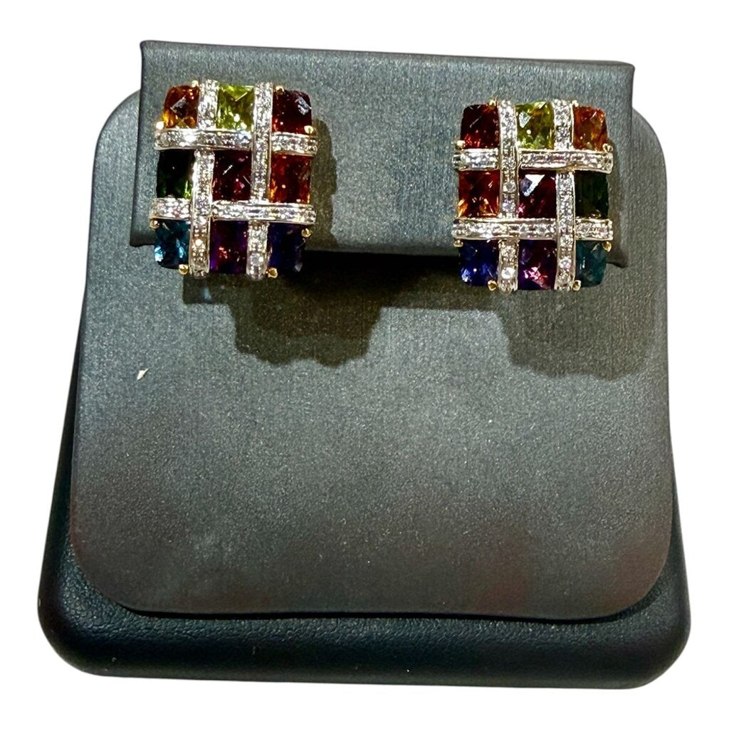 18KT YG BELLARRE SQUARE SHAPE MULTI COLOR STONE EARRINGS
