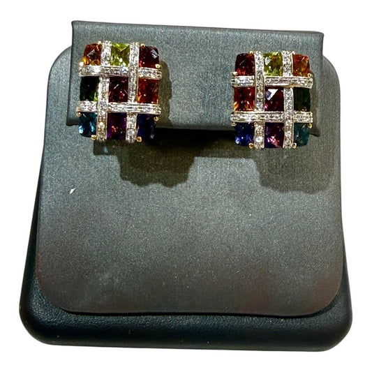 18KT YG BELLARRE SQUARE SHAPE MULTI COLOR STONE EARRINGS