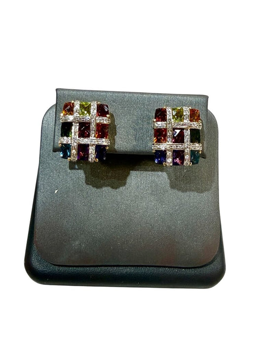 18KT YG BELLARRE SQUARE SHAPE MULTI COLOR STONE EARRINGS
