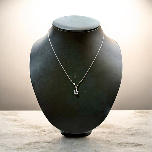 18KT WG .12TW NATURAL DIAMONDS W/BLUE SPINEL .22CT CHEVRON SHAPE FLOWER NECKLACE 18" - 20"