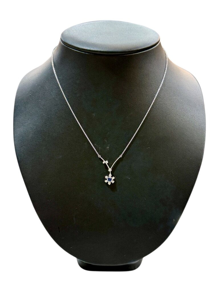 18KT WG .12TW NATURAL DIAMONDS W/BLUE SPINEL .22CT CHEVRON SHAPE FLOWER NECKLACE 18" - 20"