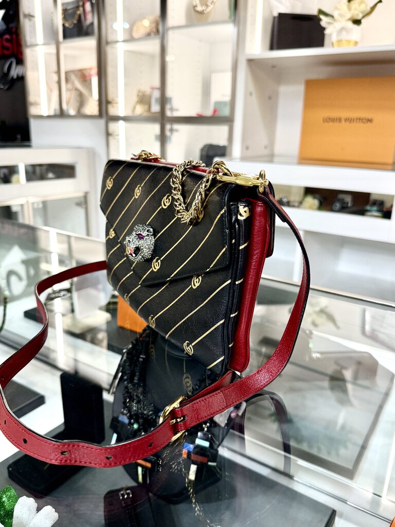 GUCCI DOUBLE TOP HANDLE BAG MEDIUM RED &BLK ENVELOPE STYLE CROSS BODY BAG