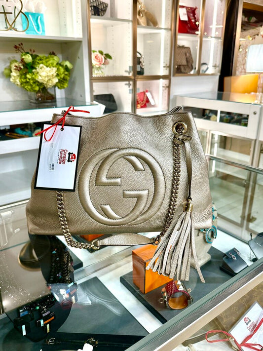 GUCCI INTERLOCKING G SOHO MEDIUM METALLIC LEATHER BAG