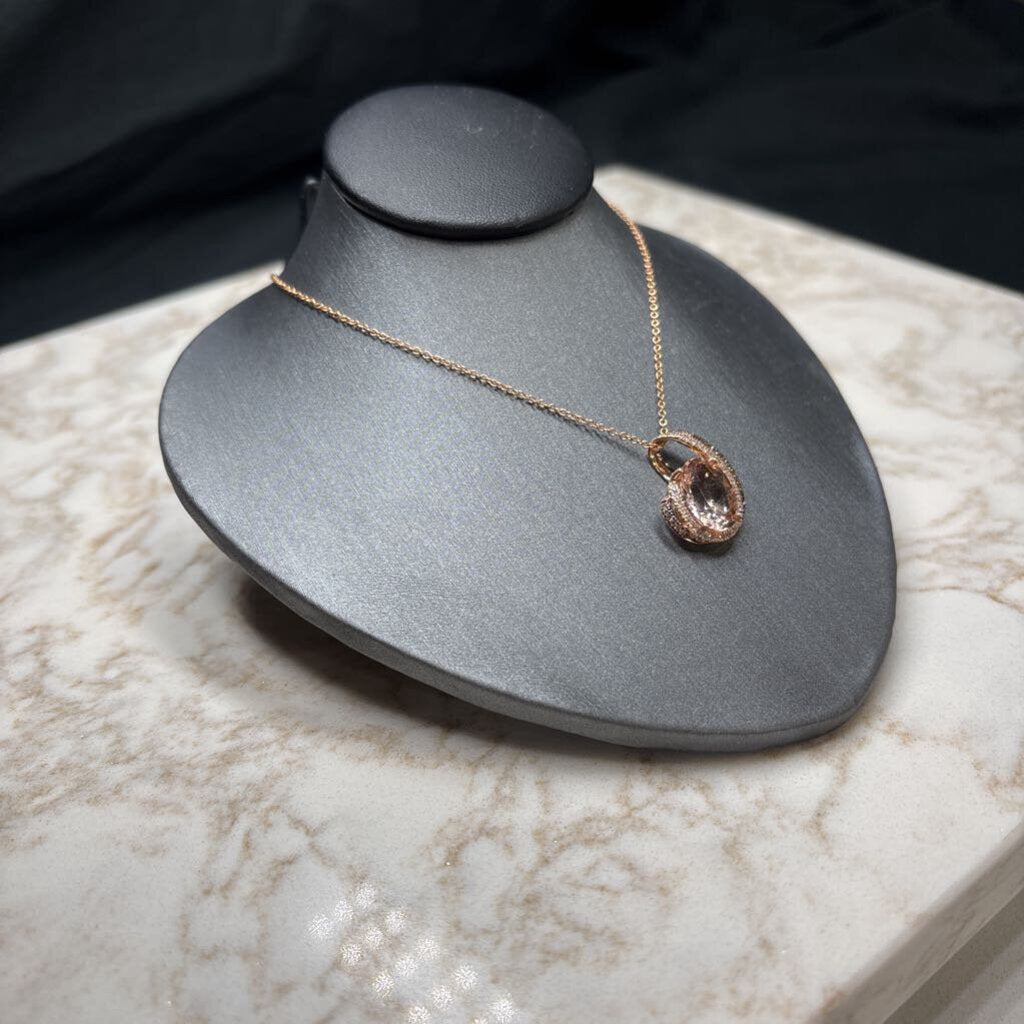 14KT RG OVAL 2CT MORGANITE RB DIA WG/CHOCOLATE PENDANT ON 18" CHAIN