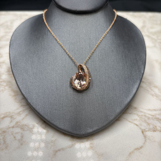 14KT RG OVAL 2CT MORGANITE RB DIA WG/CHOCOLATE PENDANT ON 18" CHAIN