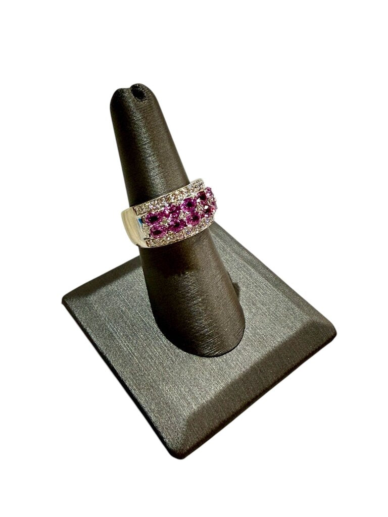 14KT WG DOUBLE ROW OVAL PINK SAPPHIRE W/3/8TW NATURAL DIAMOND WIDE BAND SZ 7